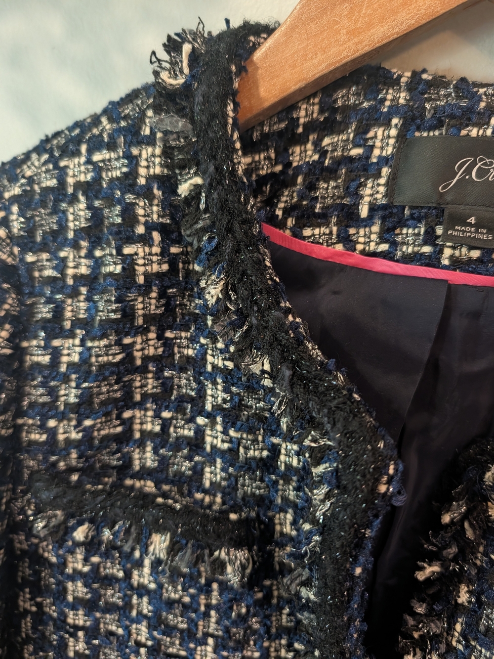 J. Crew Navy and White Tweed Blazer And Pencil Skirt Set Sz 4 - Picture 3 of 16